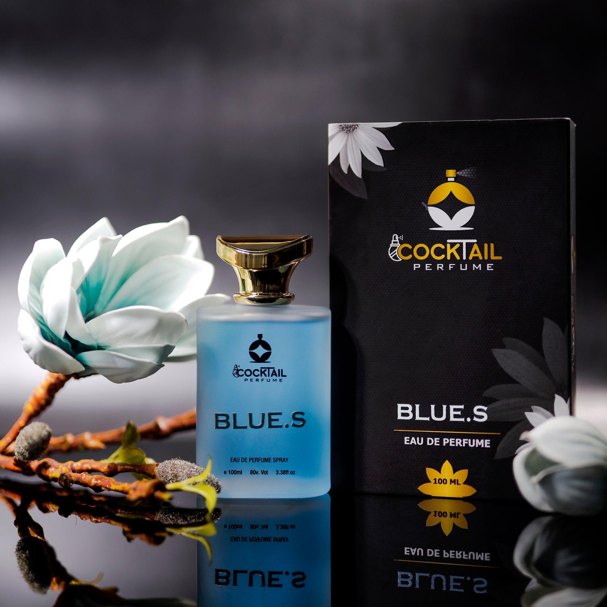 COCKTAIL Perfume BLUE.S Eau de Parfum Spray 100ml in frosted blue glass bottle with gold cap